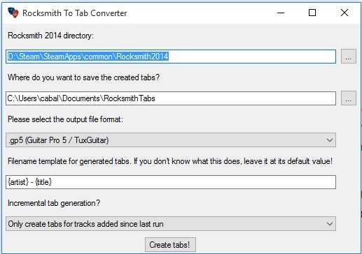 The RocksmithToTab GUI